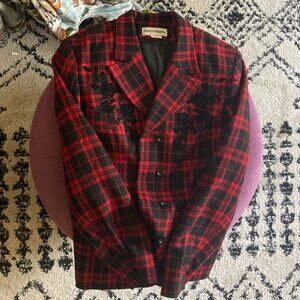 Norton McNaughton Red & Black Plaid Blazer with Rose Applique, size 10
